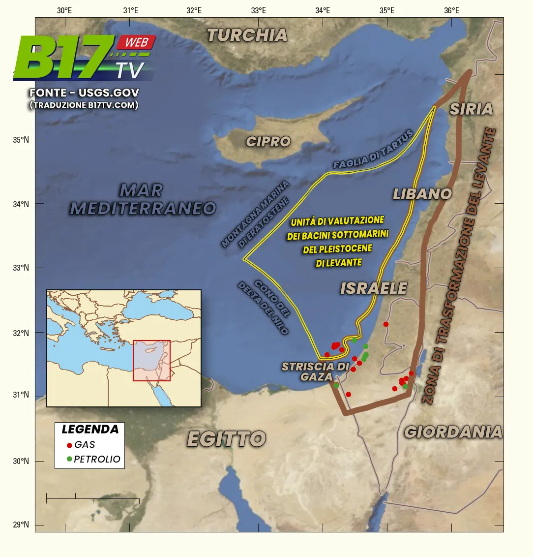 Ubicazione geografica delle unità di valutazione nella provincia del bacino del Levante nel Mediterraneo orientale.